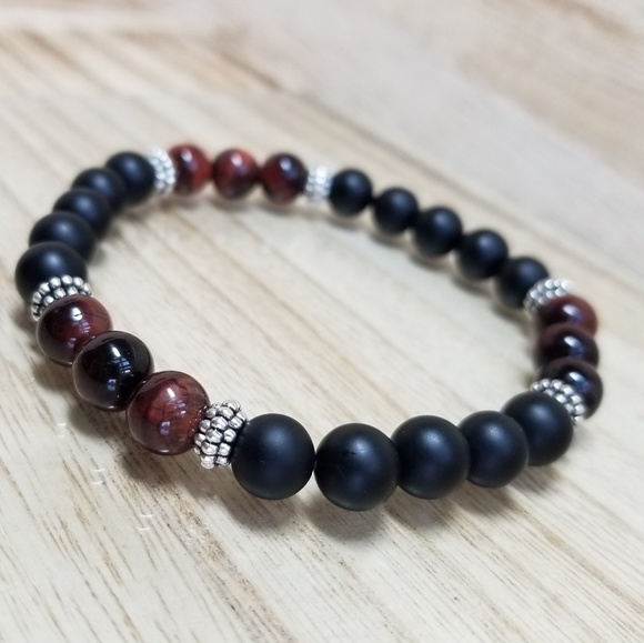 Black Onyx & Red Tiger Eye Stretch Bracelet - Picture 5 of 7